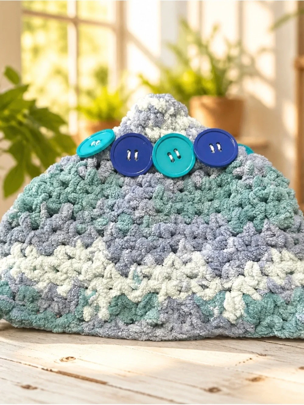 Chunky Knit Peace Sign Bucket Hat Variegated Aqua Blue Marled Festival